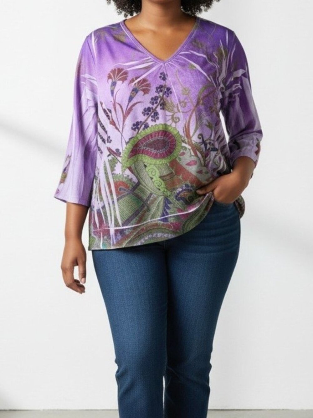 Susan Lawrence Purple Paisley Lace Back V-Neck Top - Size 1X